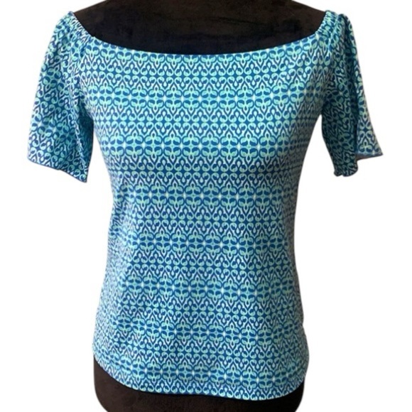 J McLaughlin size Medium Blue Print Catalina Cloth Off Shoulder Top Square Neck - Picture 1 of 6
